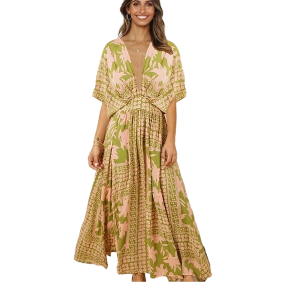 Floral Deep V Dolman Sleeve Split Maxi Long Dress - Picture 2 of 7